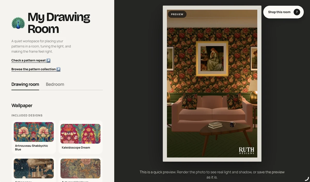 My Drawing Room wallpaper visualiser with a furnished room preview
