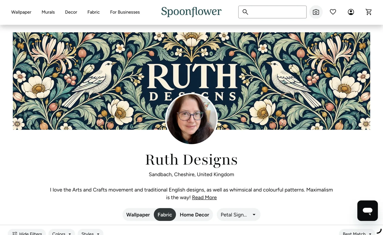 Ruth Designs on Spoonflower, featuring a botanical banner with birds and flowers