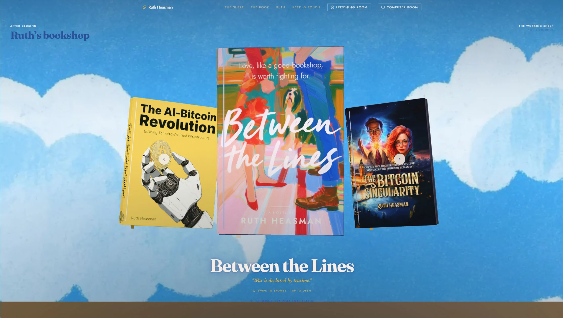 Ruth Heasman's website showing Ruth's bookshop and the Between the Lines, The AI-Bitcoin Revolution and The Bitcoin Singularity book covers